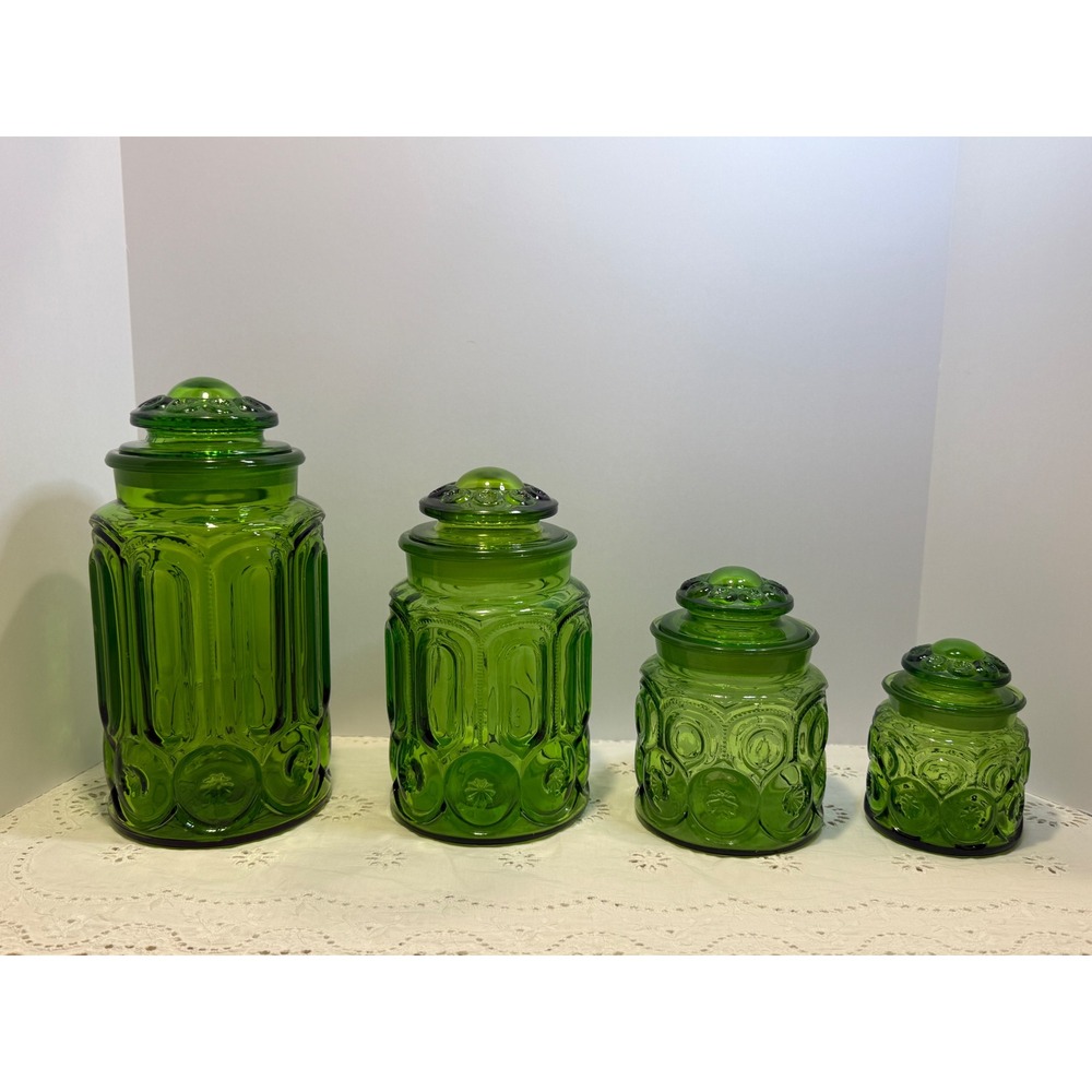 Vintage LE Smith Moon and Star Green Glass Canister Set 4 Piece Apothecary Jars